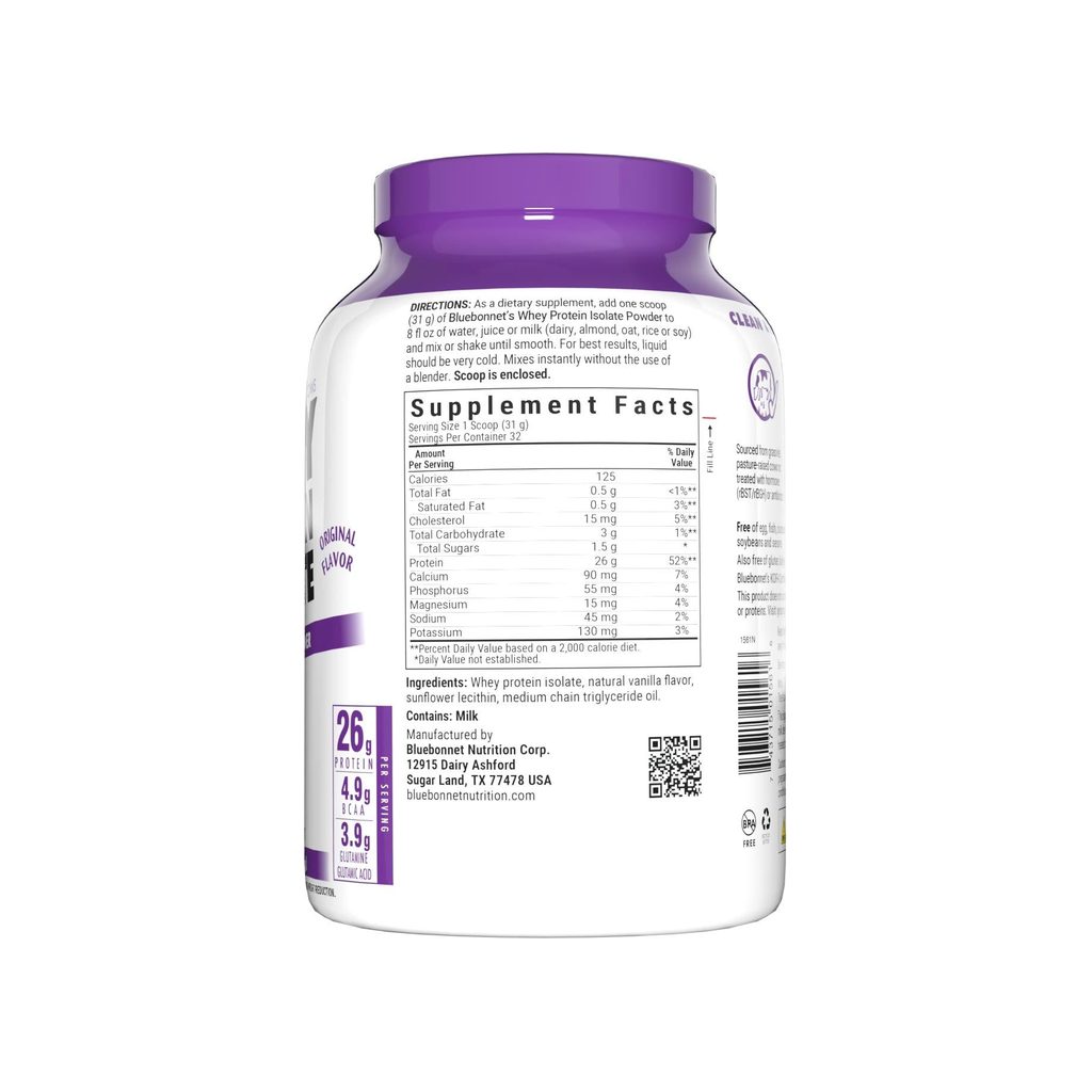 Bluebonnet Nutrition Whey Protein Isolate Original supplement facts panel with serving size and ingredients