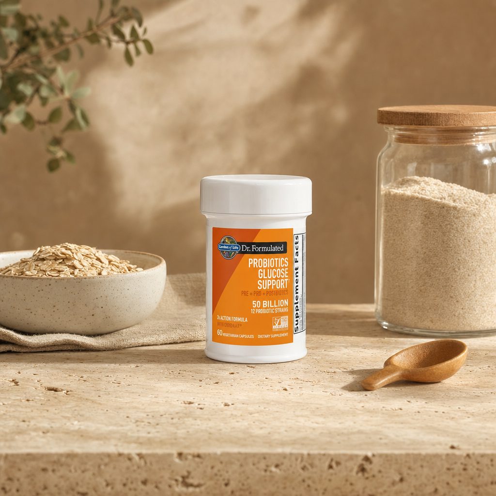 Garden of Life Dr. Formulated Probiotics Glucose Support bottle with probiotic feature callouts