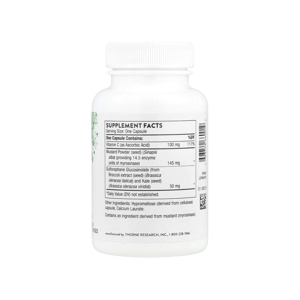Thorne Broccoli Seed Extract supplement facts panel listing ingredients, dosage, and serving size