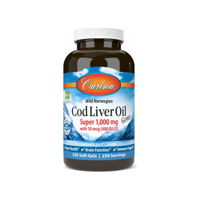 Carlson Cod Liver Oil Gems Super 1000 mg 250 softgels bottle front label