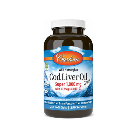 Carlson Cod Liver Oil Gems Super 1000 mg 250 softgels bottle front label