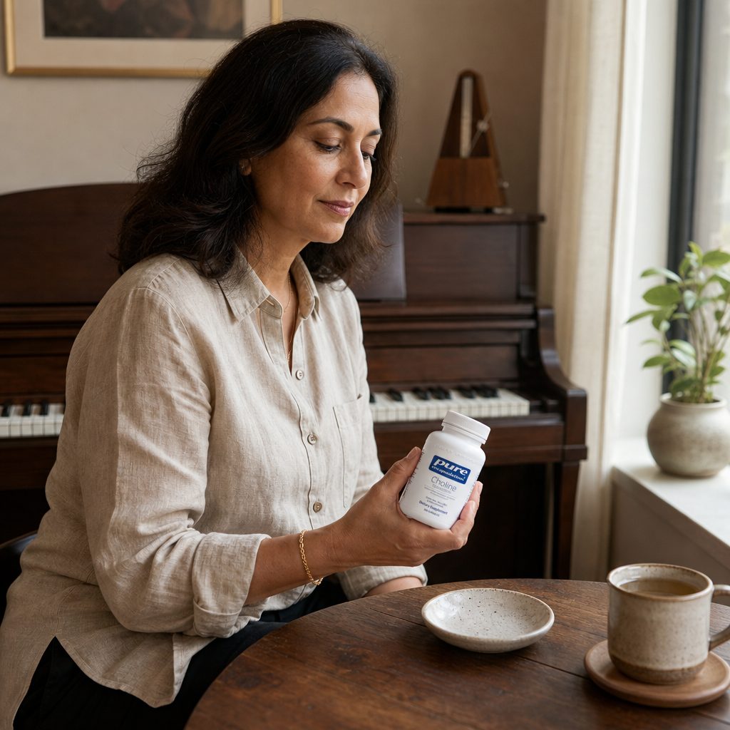 Woman holding Pure Encapsulations Choline bottle with daily supplement organizer