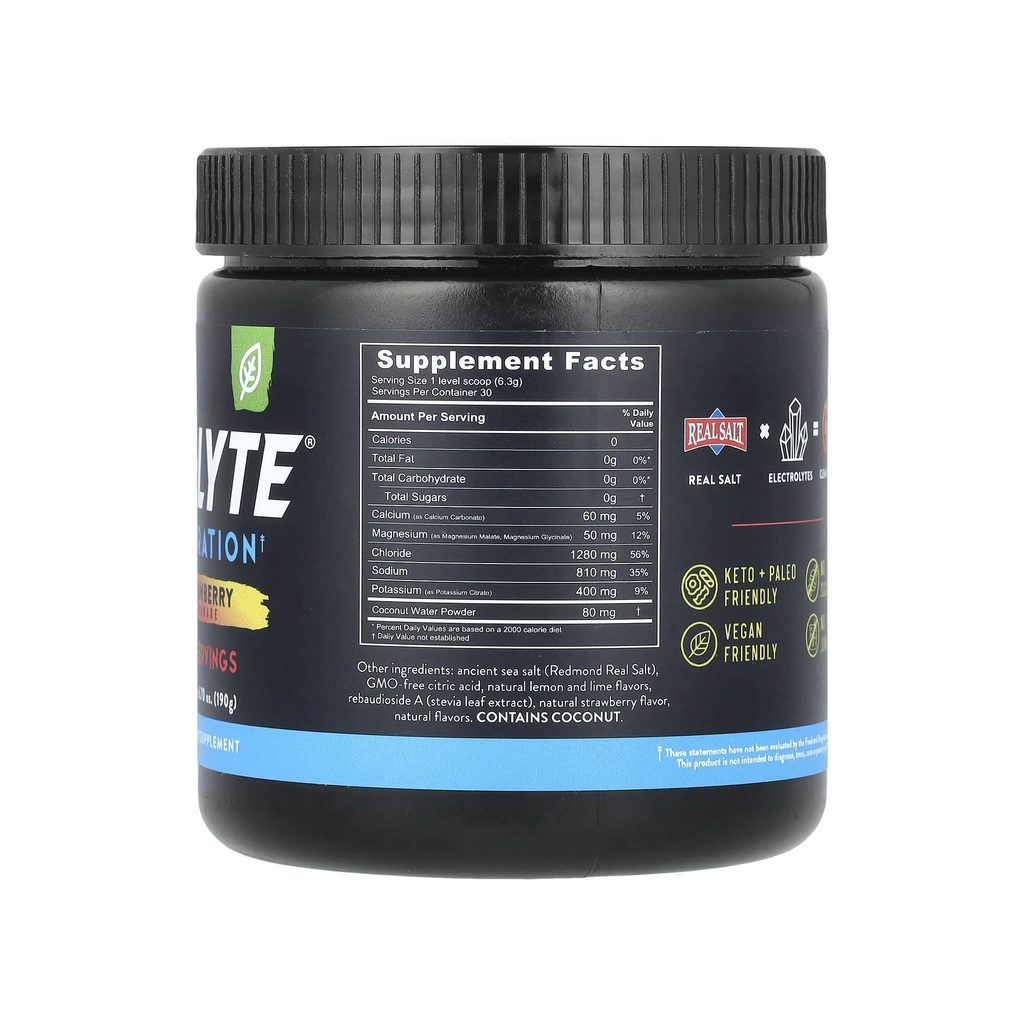 Redmond Re-Lyte Strawberry Lemonade supplement facts panel listing minerals, dosage, and serving size