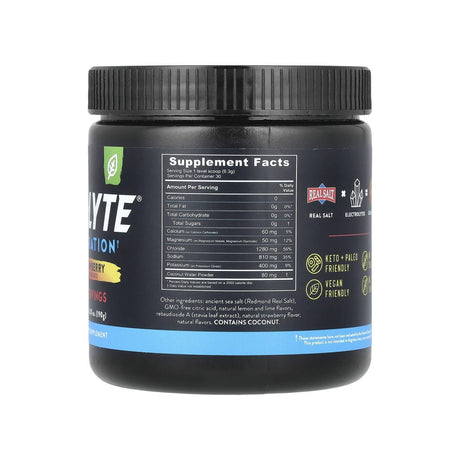 Redmond Re-Lyte Strawberry Lemonade supplement facts panel listing minerals, dosage, and serving size