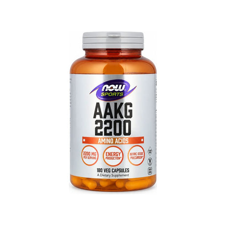 NOW Sports AAKG 2200 amber bottle of 180 veg capsules, front label