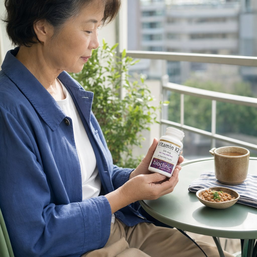 BioClinic Naturals Vitamin K2 Capsules bottle on a kitchen counter with daily supplements