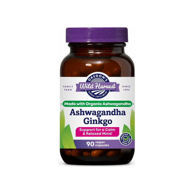 Oregon's Wild Harvest Ashwagandha Ginkgo 90 vegan capsules front bottle label