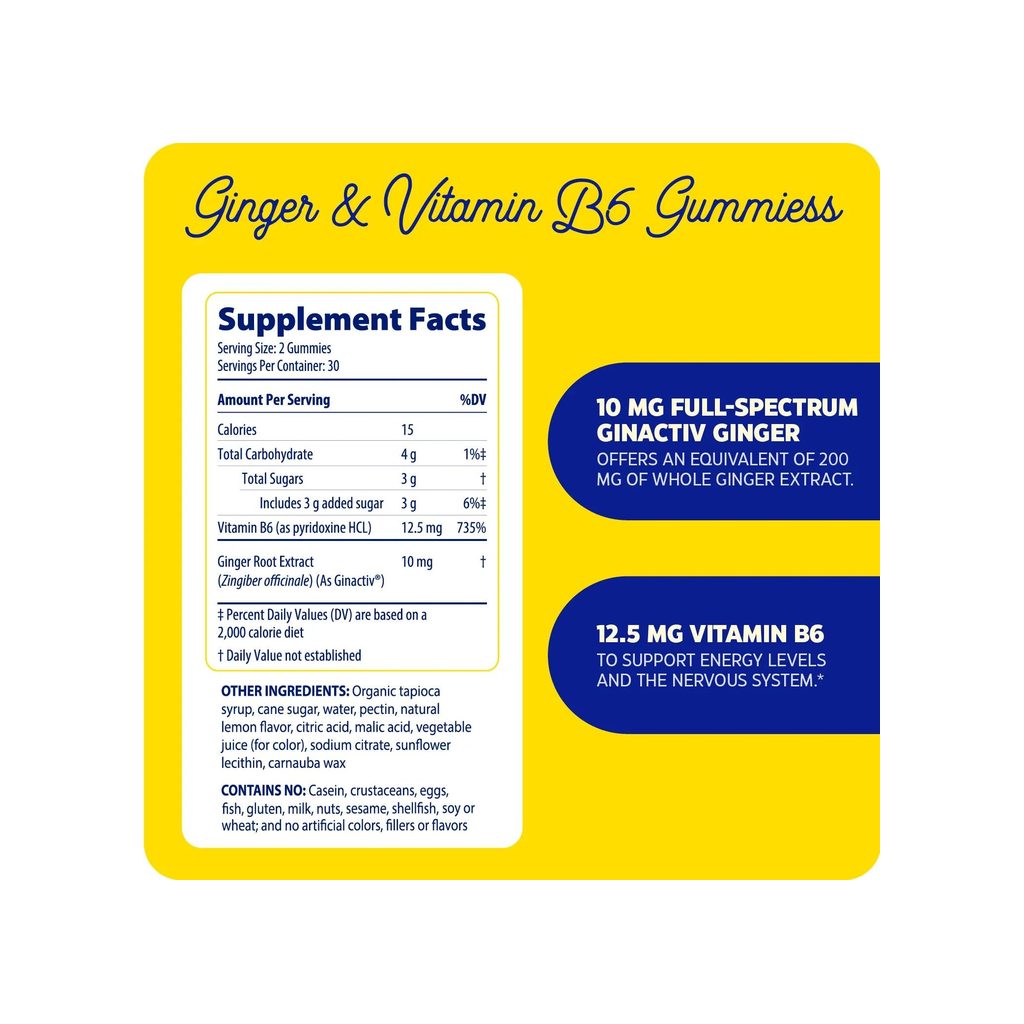 Enzymedica Ginger & Vitamin B6 Gummies supplement facts panel with ingredients and serving size