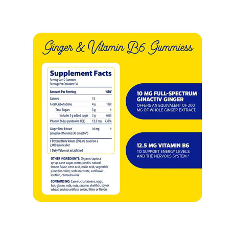 Enzymedica Ginger & Vitamin B6 Gummies supplement facts panel with ingredients and serving size