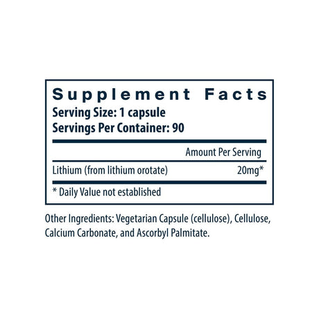 Vital Nutrients Lithium Orotate 20 mg supplement facts panel listing ingredients and serving size
