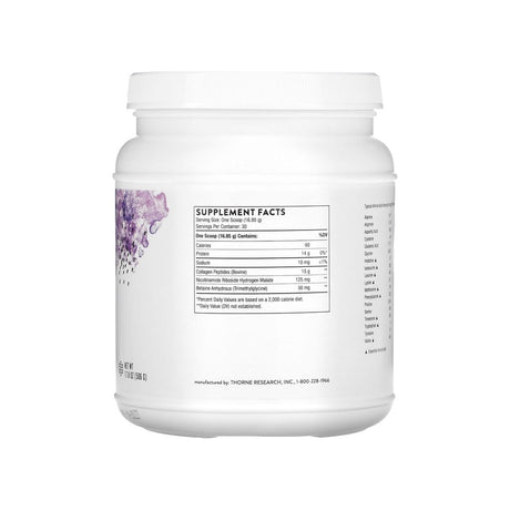 Thorne Research Collagen Fit supplement facts panel listing ingredients, dosage, and serving size
