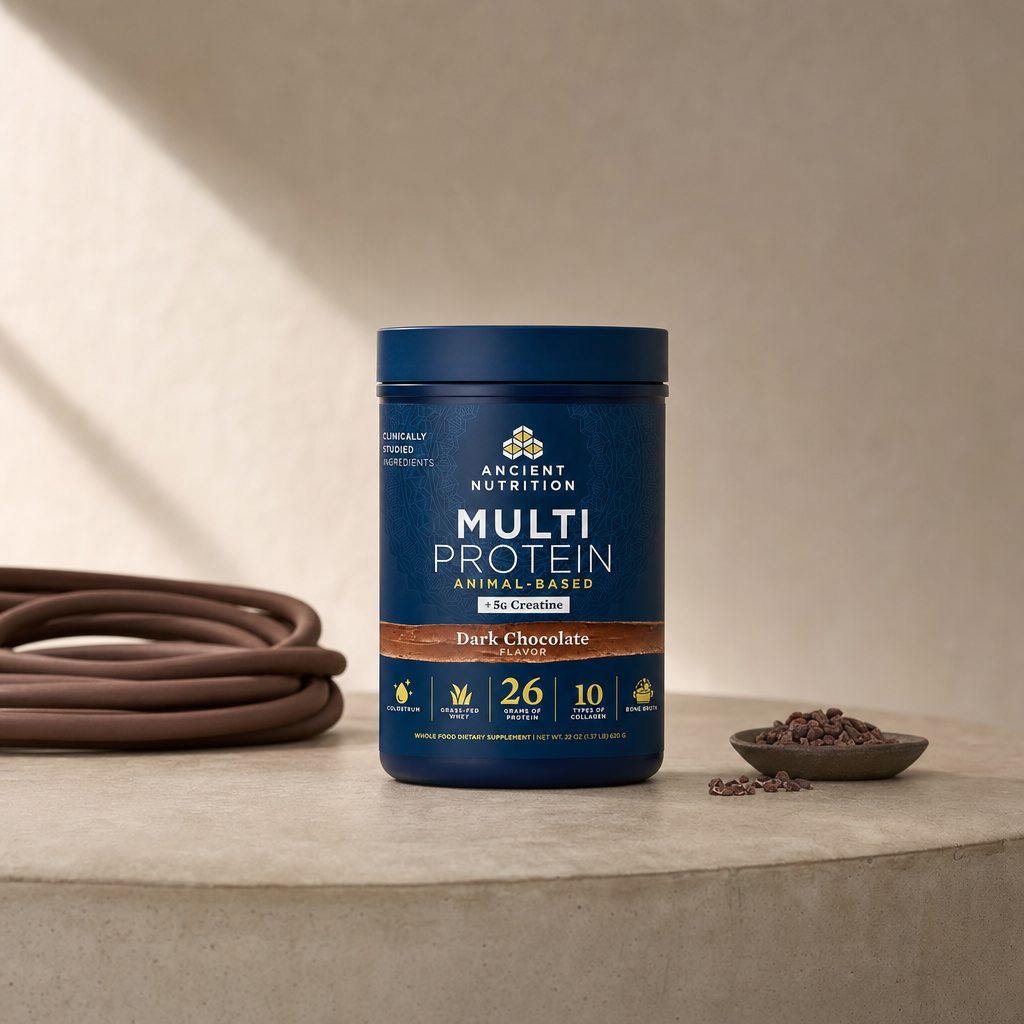Ancient Nutrition Dark Chocolate Creatine shake mixed for a workout routine