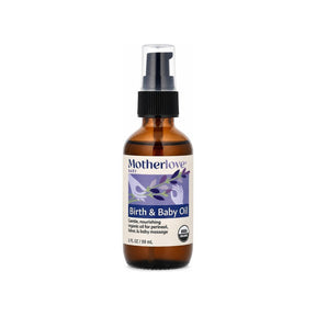 Motherlove Birth & Baby Oil 2 fl oz front bottle with USDA Organic and vegan label details