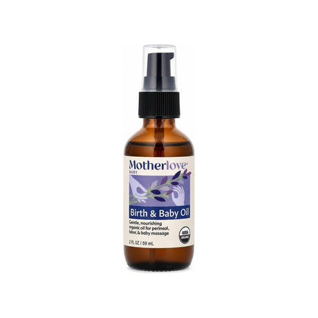Motherlove Birth & Baby Oil 2 fl oz front bottle with USDA Organic and vegan label details