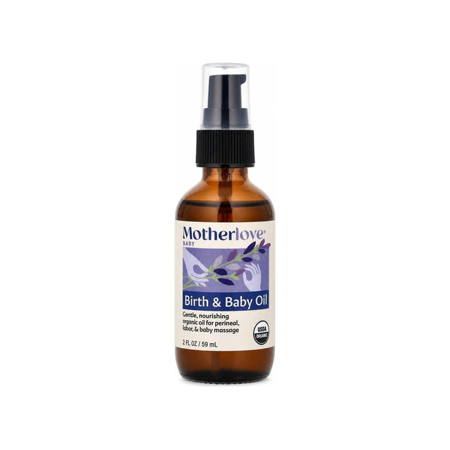 Motherlove Birth & Baby Oil 2 fl oz front bottle with USDA Organic and vegan label details
