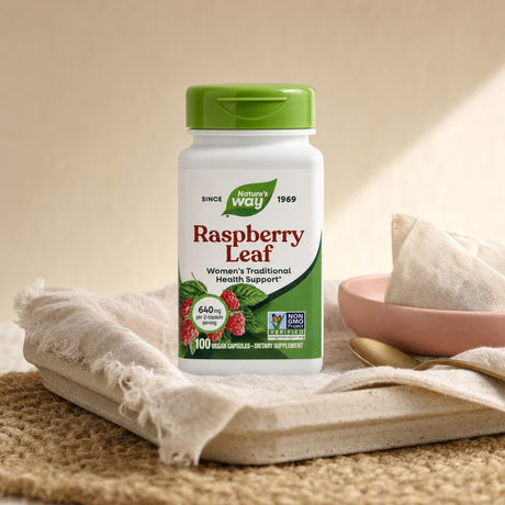 Nature's Way Raspberry Leaf 100 Vegan Capsules bottle showing side label details