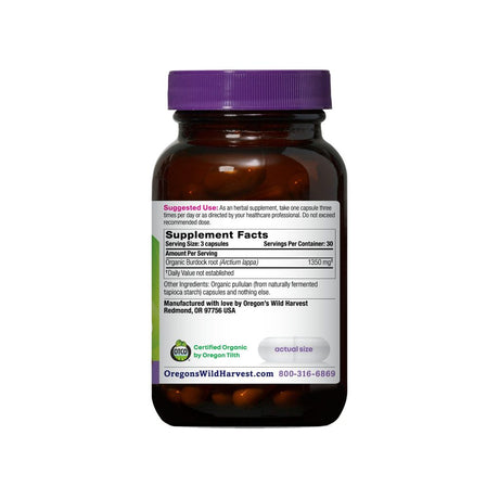 Oregon's Wild Harvest Burdock Capsules supplement facts panel listing ingredients, dosage, and serving size