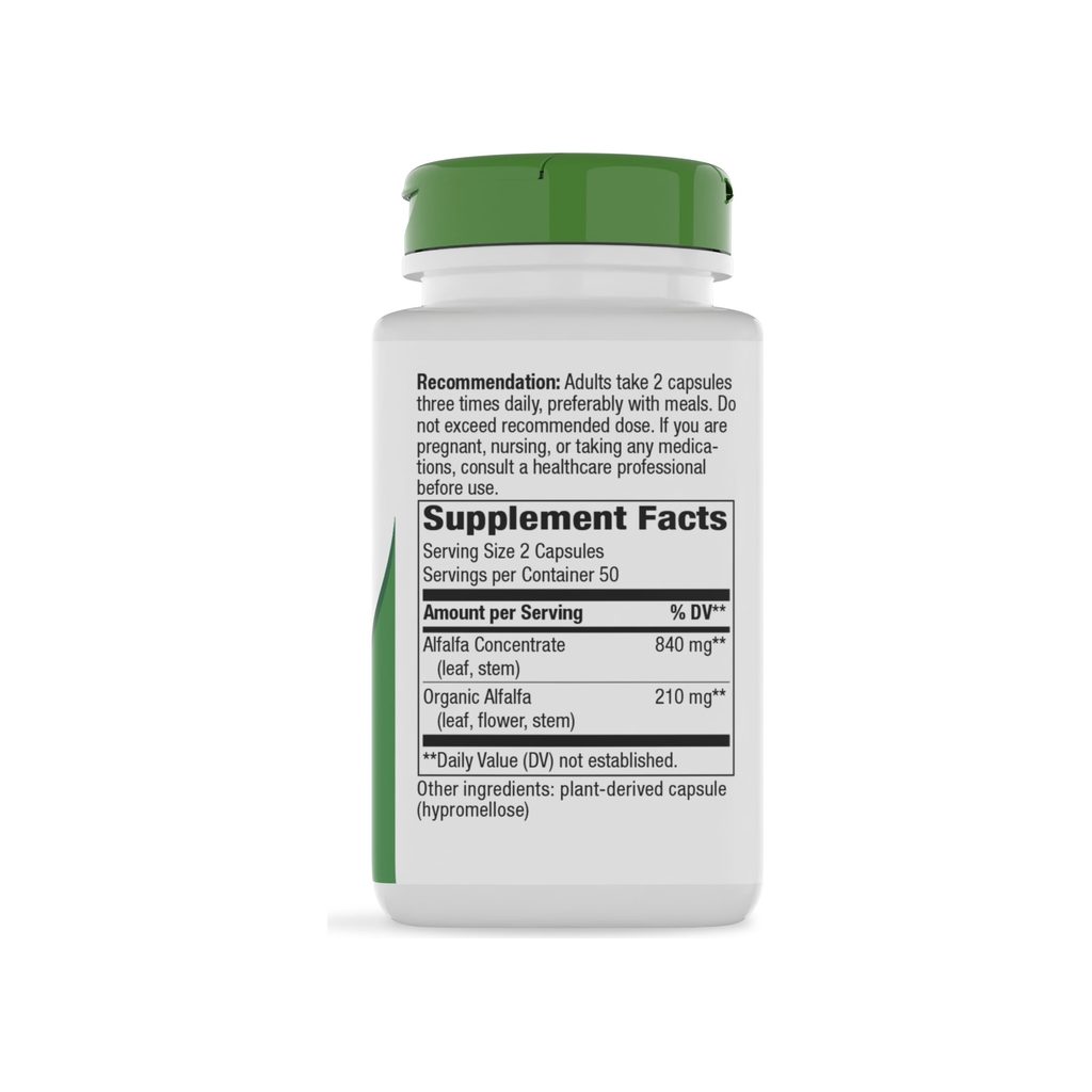 Nature's Way Alfa-Max supplement facts panel listing ingredients, dosage, and serving size