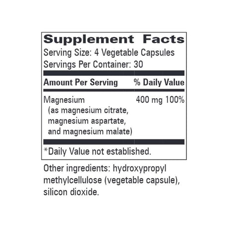 Progressive Labs Magnesium Complex supplement facts panel listing dosage and serving size