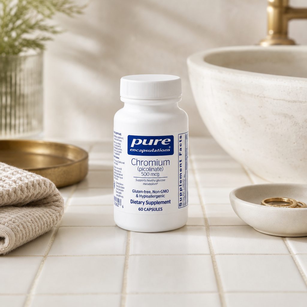Pure Encapsulations Chromium 500 mcg bottle angled to show white cap and label