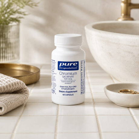 Pure Encapsulations Chromium 500 mcg bottle angled to show white cap and label