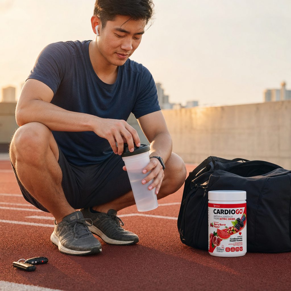Bionox CardioGO Berry Burst tub angled to show side label and berry flavor packaging