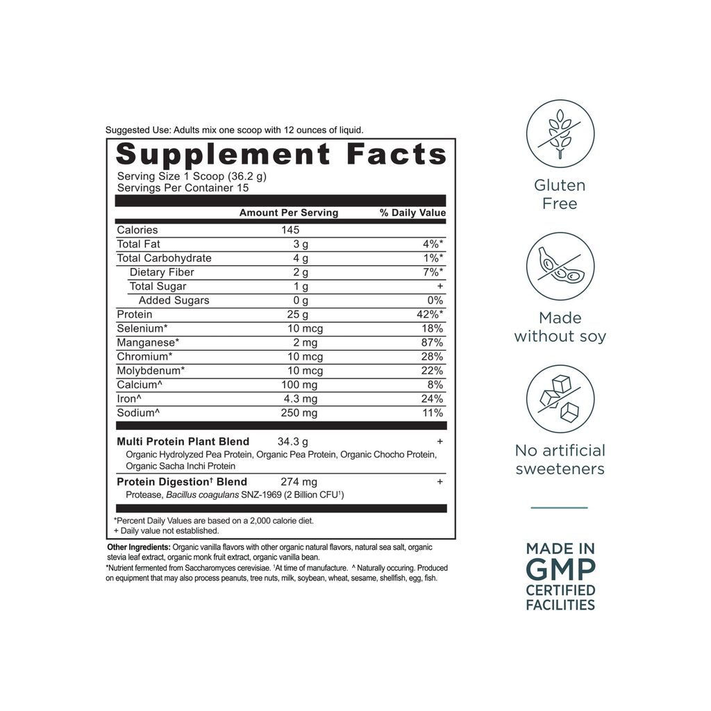 Ancient Nutrition Multi Protein Plant Based Powder Vanilla usage graphic with scoop and mixing directions