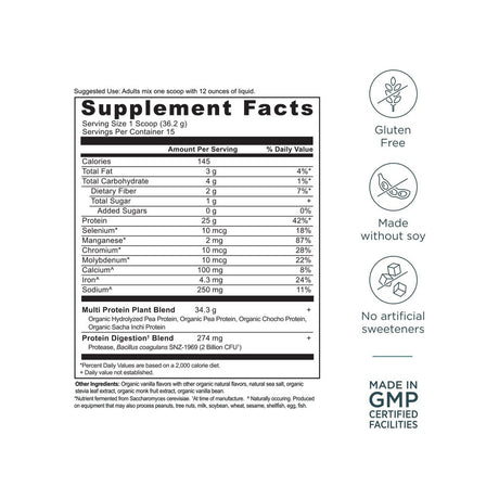 Ancient Nutrition Multi Protein Plant Based Powder Vanilla usage graphic with scoop and mixing directions