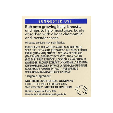 Motherlove Pregnant Belly Salve ingredients panel listing botanicals, directions, and warnings