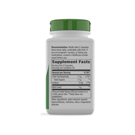 Nature's Way Beet Root Capsules supplement facts panel listing 1g beet root per 2-capsule serving