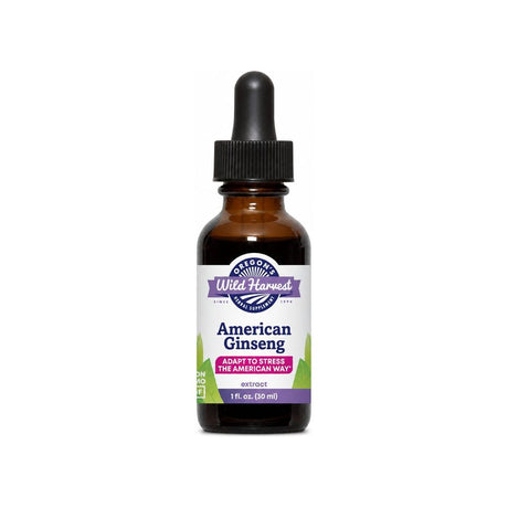 Oregon's Wild Harvest American Ginseng Extract 1 fl oz amber dropper bottle front label