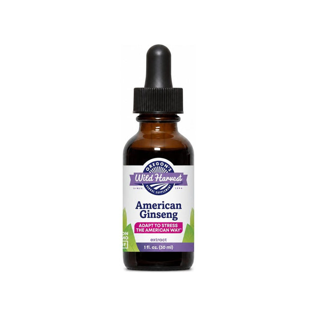 Oregon's Wild Harvest American Ginseng Extract 1 fl oz amber dropper bottle front label