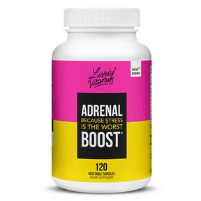 Lively Vitamin Co. Adrenal Boost white bottle with pink and yellow label, 120 vegetable capsules supplement