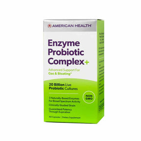 American Health Enzyme Probiotic Complex Plus 60 capsules box, white and green package front label, Non GMO