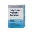 A box of American Health Daily Care Probiotic Complex, featuring 20 billion live cultures and 10 probiotic strains for digestive and immune health. The packaging has a white and blue gradient design, with 'NON-GMO' and 'Guaranteed Potency Through Expiration' displayed. Contains 30 vegan capsules.