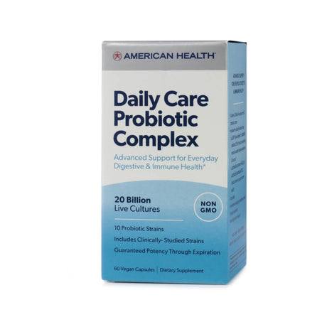 A box of American Health Daily Care Probiotic Complex with 60 vegan capsules. The packaging has a blue and white design, highlighting 20 billion live cultures, 10 probiotic strains, and clinically studied strains for gut health. Labeled as 'NON-GMO' with guaranteed potency until expiration.