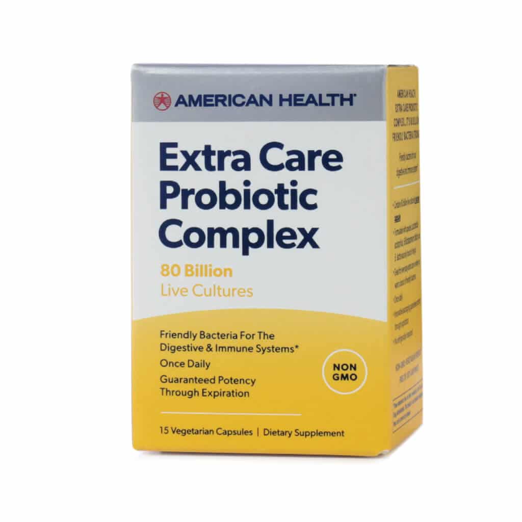 A box of American Health Extra Care Probiotic Complex, featuring 80 billion live cultures for digestive and immune health. The packaging has a blue and yellow gradient design, highlighting 'NON-GMO,' 'Once Daily' use, and 'Guaranteed Potency Through Expiration.' Contains 15 vegetarian capsules.