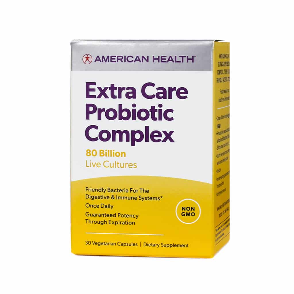 A box of American Health Extra Care Probiotic Complex with 30 vegetarian capsules. The white, yellow, and purple packaging emphasizes 80 billion live cultures, digestive and immune support, and 'NON-GMO' certification with once-daily use.