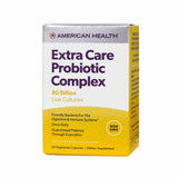 A box of American Health Extra Care Probiotic Complex with 30 vegetarian capsules. The white, yellow, and purple packaging emphasizes 80 billion live cultures, digestive and immune support, and 'NON-GMO' certification with once-daily use.