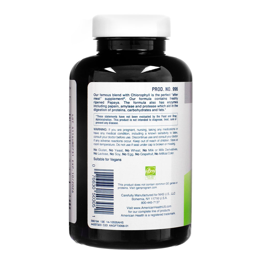 Informational side panel of American Health Papaya Enzyme With Chlorophyll 600 Chewable Tablets, including product description, warnings, dietary notes, and manufacturing info.