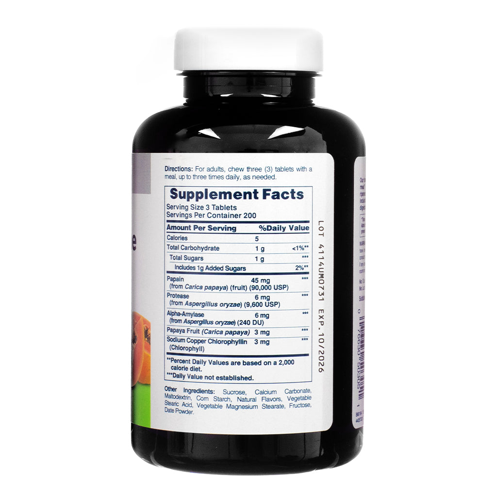 Supplement Facts panel of American Health Papaya Enzyme With Chlorophyll 600 Chewable Tablets, listing enzymes, chlorophyll, serving size, and additional ingredients.