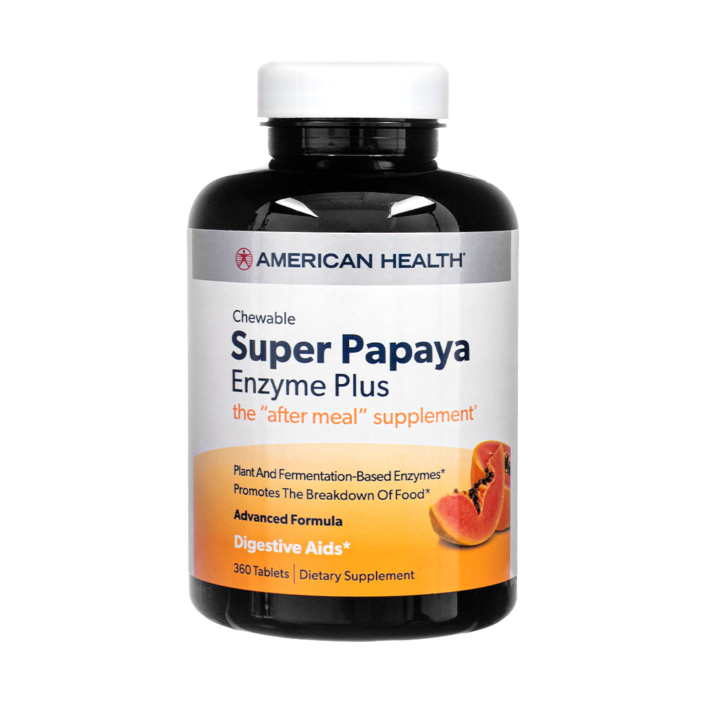  Front view of the American Health Super Papaya Enzyme Plus 360 Tablets bottle, showing branding, key benefits like digestive support, and an image of papaya fruit.