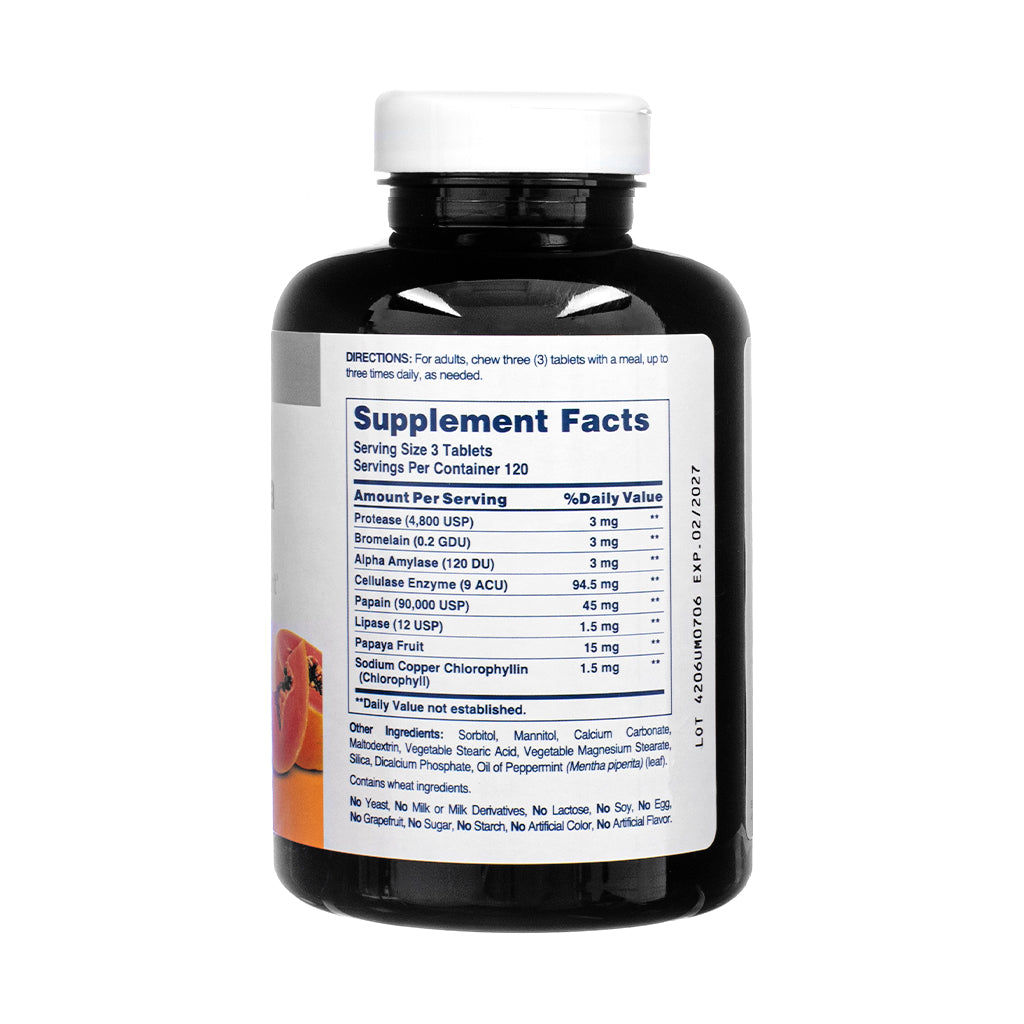 Supplement Facts label of the American Health Super Papaya Enzyme Plus 360 Tablets, listing enzyme types like papain, bromelain, and amylase, with serving size and ingredient details.

