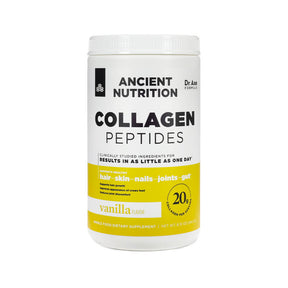 Ancient Nutrition Collagen Peptides vanilla powder, 8.51 oz white jar with white and yellow label