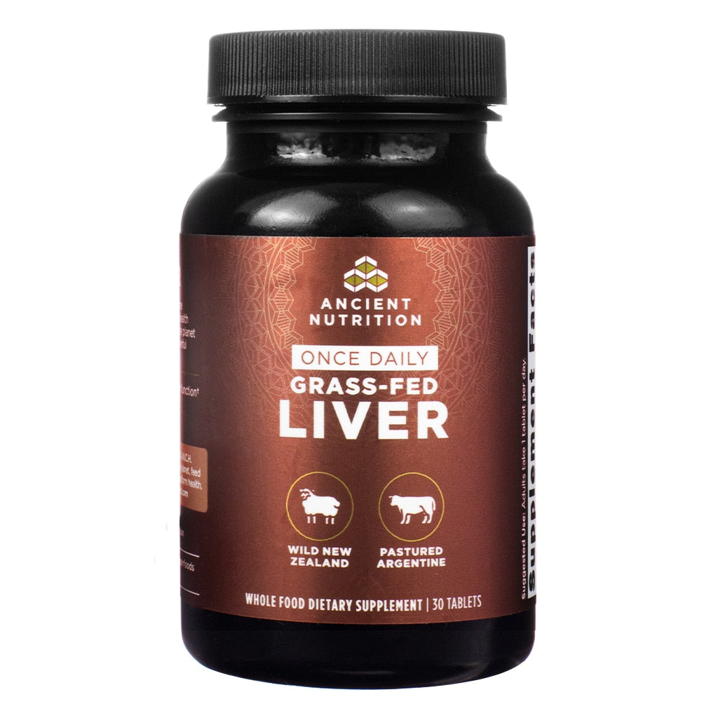 A brown-labeled bottle of Ancient Nutrition Once Daily Grass-Fed Liver supplement containing 30 tablets. Features ingredients sourced from wild New Zealand and pastured Argentine cattle, promoting whole food dietary support.