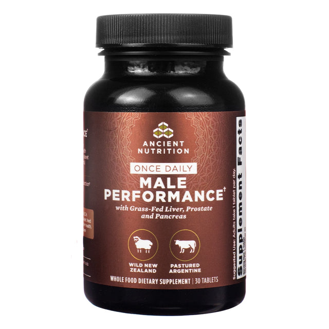 A brown-labeled bottle of Ancient Nutrition Male Performance supplement with 30 tablets. The label highlights ingredients like grass-fed liver, prostate, and pancreas for targeted male health support.