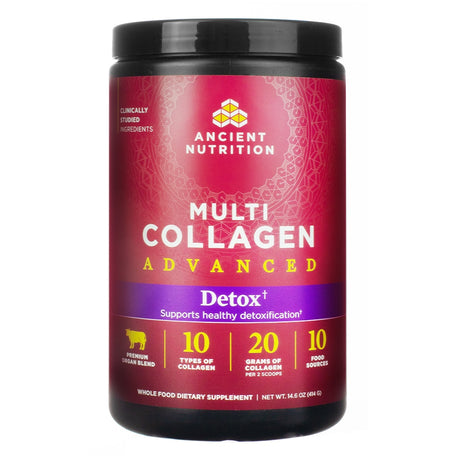 A red-labeled jar of Ancient Nutrition Multi Collagen Advanced Detox supplement, containing 10 types of collagen, 20 grams of collagen per serving, and 10 food sources. Designed to support healthy detoxification.