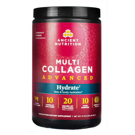 A red and blue-labeled jar of Ancient Nutrition Multi Collagen Advanced Hydrate supplement in lemon lime flavor. Features 10 types of collagen, 20 grams of collagen per serving, and ingredients for skin and body hydration.