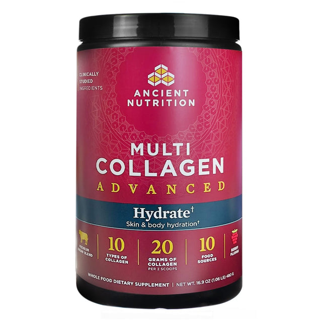 Ancient Nutrition Multi Collagen Advanced Hydrate Mixed Berry powder tub, pink label with black lid, 16.92 oz