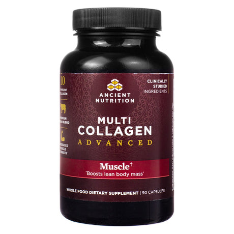 A supplement bottle labeled Ancient Nutrition Multi Collagen Advanced Muscle, promoting muscle health and containing collagen-rich ingredients for targeted benefits.